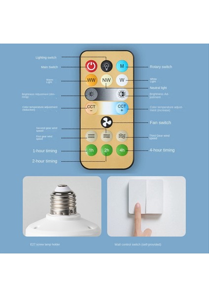 Uzaktan Kumandalı Soketli Vantilatör Işığı, Tavan 3 Hız Ayarı, Kısılabilir Led, E27 Taban, Kablosuz (Yurt Dışından)
