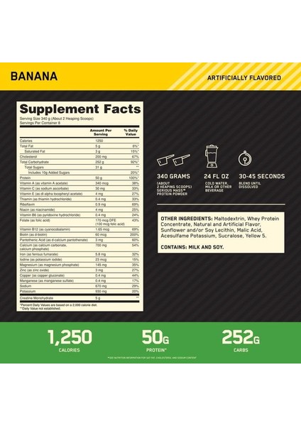 On Optimum Nutrition Serious Mass Muz Aromalı 2.73KG 8 Servis fiyatları