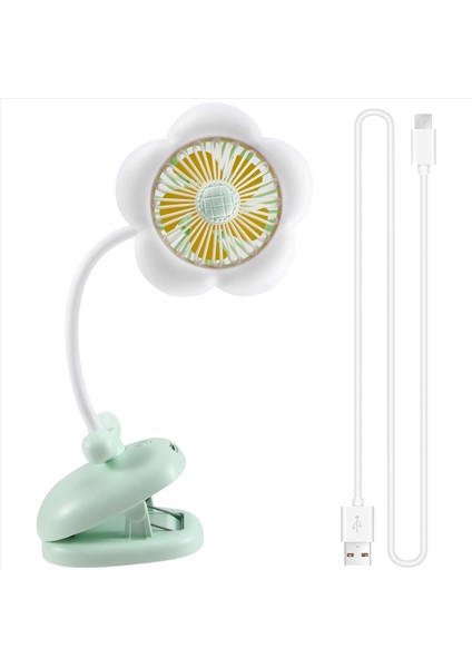 USB Şarj Edilebilir Klipsli Vantilatör Sevimli Tasarım Çiçek 360° Dönebilen LED Işıklarla Soğutma Bebek Arabası Kampı Için Yeşil (Yurt Dışından) modelleri