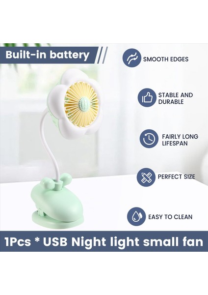 USB Şarj Edilebilir Klipsli Vantilatör Sevimli Tasarım Çiçek 360° Dönebilen LED Işıklarla Soğutma Bebek Arabası Kampı Için Yeşil (Yurt Dışından) fırsatları