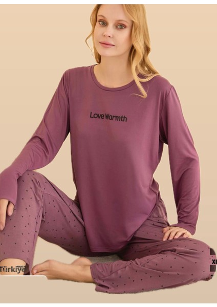 Kadın Yumuşak Dokulu Uzun Kollu Kalp Desenli Pijama Takımı
