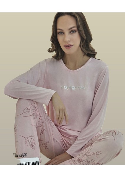 Kadın Yumuşak Dokulu Uzun Kollu Çiçek Desenli Pijama Takımı