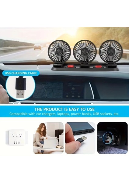 Araba Fanı Üç Kafalı USB 3 Hızlı Ayarlanabilir 360 Derece Dönüş Soğutmaya Uygun Güçlü (Yurt Dışından) fırsatları