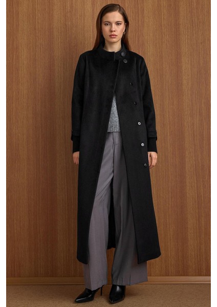 Hakim Yaka Ribana Detaylı Uzun Moher Kaban Siyah 3160