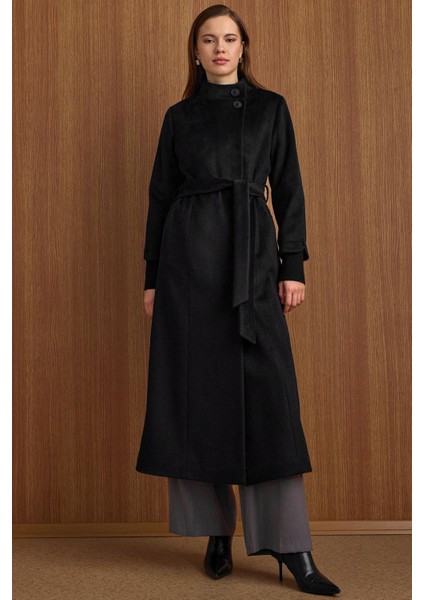 Hakim Yaka Ribana Detaylı Uzun Moher Kaban Siyah 3160 fiyatları