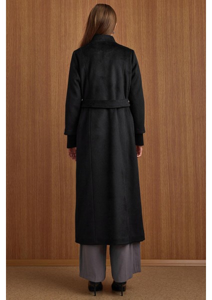 Hakim Yaka Ribana Detaylı Uzun Moher Kaban Siyah 3160