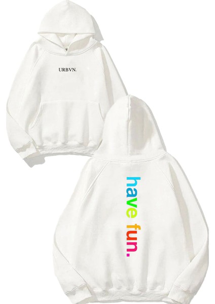 Have Fun Tasarım Baskılı Oversize Beyaz Kapüşonlu Sweatshirt