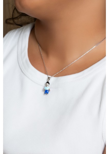 Mavi Çocuk Figürlü 18 Ayar Beyaz Altın Kaplama Gümüş 33 cm Çocuk Kolye fiyatları