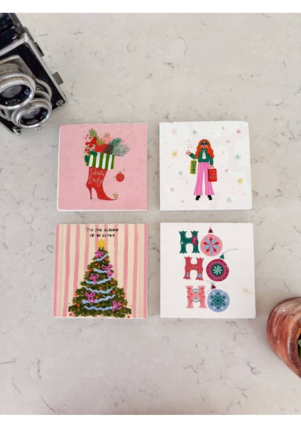 Pembe Yılbaşı Temalı Doğal Taş Bardak Altlığı, Modern Christmas Tasarımı, Yılbaşı Hediyesi, 4’lü