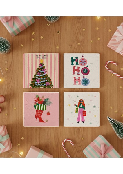 Pembe Yılbaşı Temalı Doğal Taş Bardak Altlığı, Modern Christmas Tasarımı, Yılbaşı Hediyesi, 4’lü fiyatları