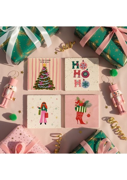 Pembe Yılbaşı Temalı Doğal Taş Bardak Altlığı, Modern Christmas Tasarımı, Yılbaşı Hediyesi, 4’lü modelleri