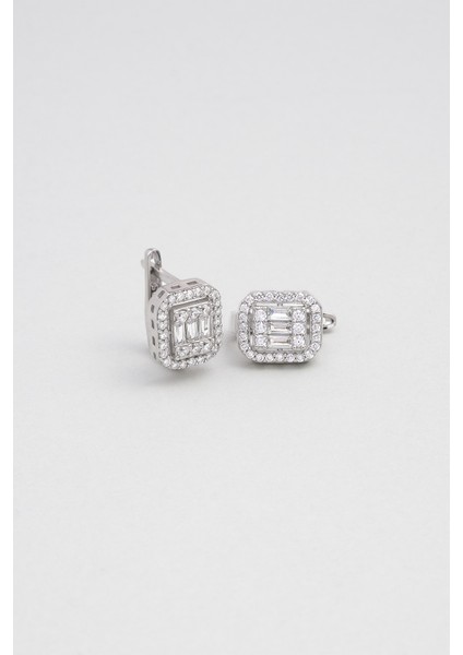 Avangard Baget 18 Ayar Beyaz Altın Kaplama Gümüş Küpe