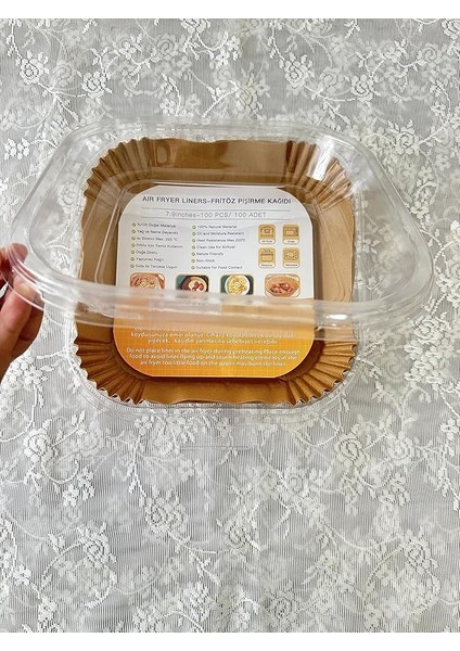 Fryer Pişirme Kağıdı, Hava Fritözü Kağıdı, Fırın Pişirme Kağıdı, Xl ve Xxl Uygun, Tarım Bakanlığı Onaylı, Kare Tabak, Koruma Tabağı ile Birlikte, 20X20+4,5 Cm, 100 Adet