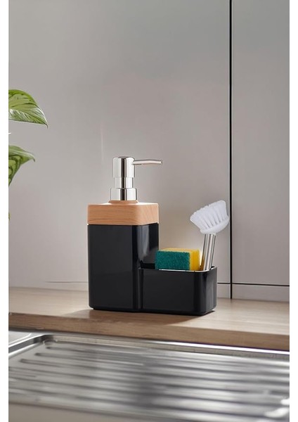 Bambu Desen Kapaklı Hazneli Sıvı Sabunluk Tezgah Üstü Mutfak Banyo Deterjanlık Fırça Sünger Dahil Değildir (Siyah) fiyatları