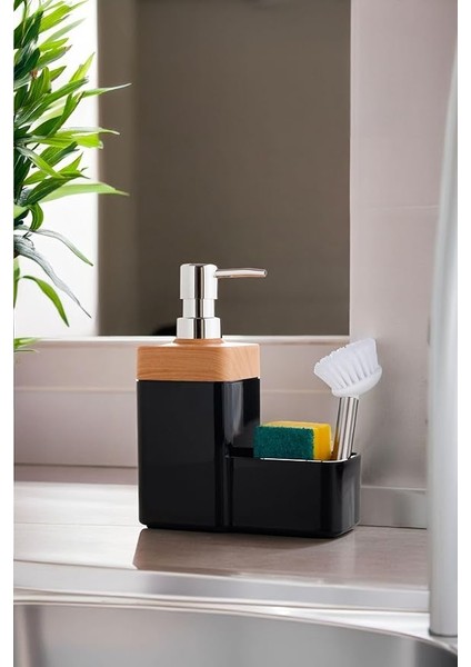 Bambu Desen Kapaklı Hazneli Sıvı Sabunluk Tezgah Üstü Mutfak Banyo Deterjanlık Fırça Sünger Dahil Değildir (Siyah) modelleri