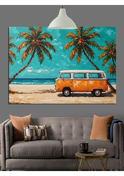 Minibüs Palmiye Plaj Günbatımı Dekoratif Kanvas - Mdf Ahşap Tablo