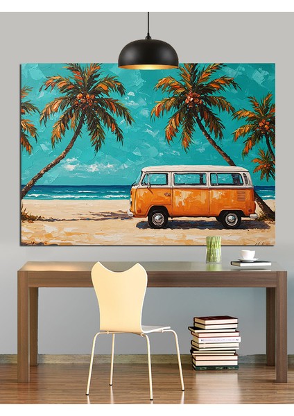 Minibüs Palmiye Plaj Günbatımı Dekoratif Kanvas - Mdf Ahşap Tablo fiyatları