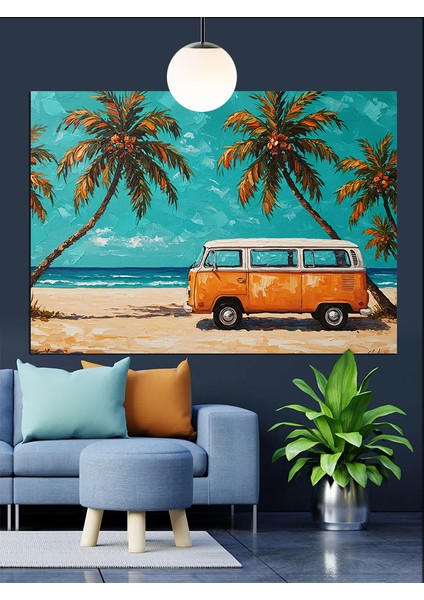 Minibüs Palmiye Plaj Günbatımı Dekoratif Kanvas - Mdf Ahşap Tablo modelleri