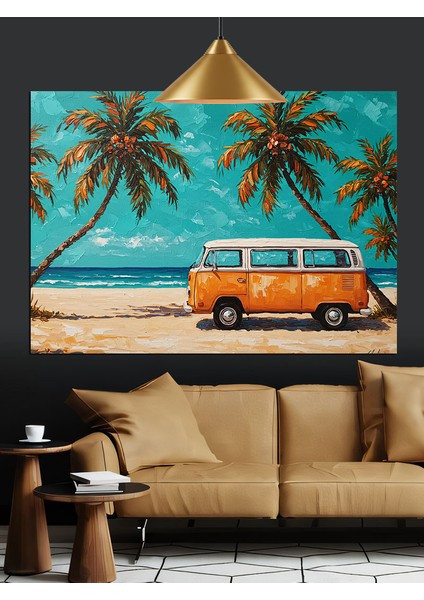 Minibüs Palmiye Plaj Günbatımı Dekoratif Kanvas - Mdf Ahşap Tablo fırsatları