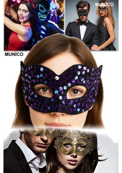 Mor Payetli Parti Maskesi Pul Işlemeli, Lastikli | Balo ve After Parti Için Şık Aksesuar Şık