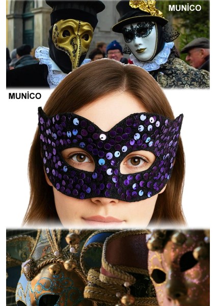 Mor Payetli Parti Maskesi Pul Işlemeli, Lastikli | Balo ve After Parti Için Şık Aksesuar Şık