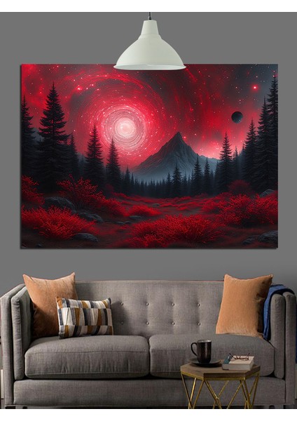 Kırmızı Parlak Gece Orman Manzarası Dekoratif Kanvas - Mdf Ahşap Tablo