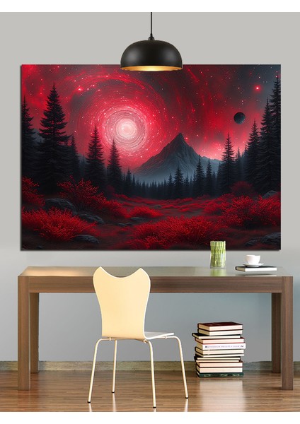 Kırmızı Parlak Gece Orman Manzarası Dekoratif Kanvas - Mdf Ahşap Tablo fiyatları