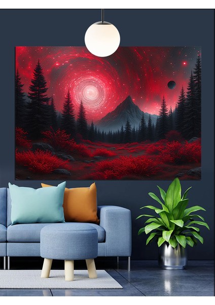 Kırmızı Parlak Gece Orman Manzarası Dekoratif Kanvas - Mdf Ahşap Tablo modelleri