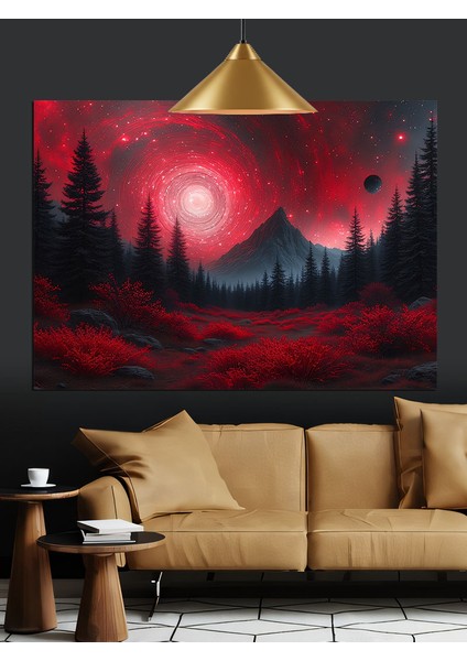 Kırmızı Parlak Gece Orman Manzarası Dekoratif Kanvas - Mdf Ahşap Tablo fırsatları