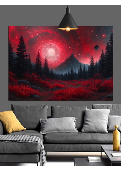 Kırmızı Parlak Gece Orman Manzarası Dekoratif Kanvas - Mdf Ahşap Tablo indirimleri
