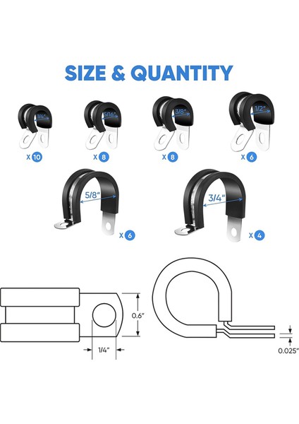 42PCS Kablo Kelepçeleri Seti - Kauçuk Yastıklı 304 Paslanmaz Çelik Hortum/ Döngü/ Boru Kelepçeleri 6 Boyut (Yurt Dışından) modelleri