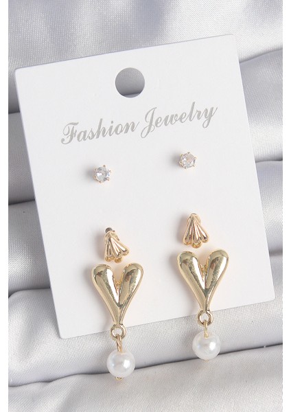 Pirinç Gold Renk Zirkon Taşlı Incili Sallantılı Kalp Model 3 Çift Kadın Küpe Seti - TJ-BKP10608 fiyatları