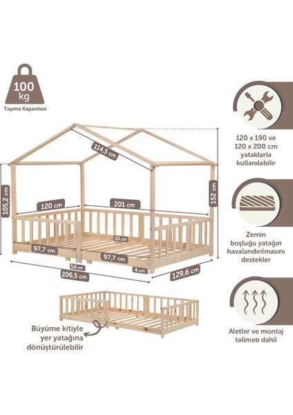 KCB360 Doğal Ahşap Çatılı Dönüştürülebilir Montessori Yatak 120 x 200 cm modelleri