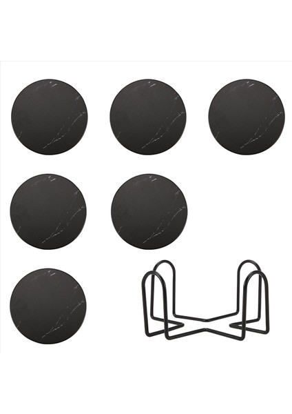 Içecek Bardak Altlıkları Metal Tutucu Standı ile Seramik Taş Coaster Seti Tabanı Mermer Yüzey Deseni 6 Siyah (Yurt Dışından)