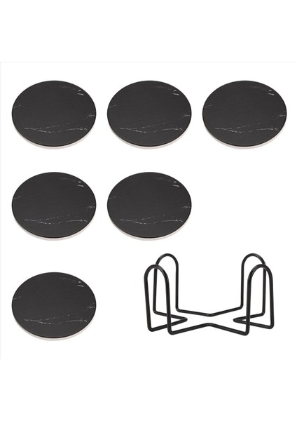 Içecek Bardak Altlıkları Metal Tutucu Standı ile Seramik Taş Coaster Seti Tabanı Mermer Yüzey Deseni 6 Siyah (Yurt Dışından) fiyatları