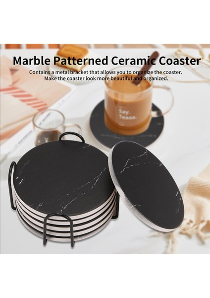 Içecek Bardak Altlıkları Metal Tutucu Standı ile Seramik Taş Coaster Seti Tabanı Mermer Yüzey Deseni 6 Siyah (Yurt Dışından) fırsatları