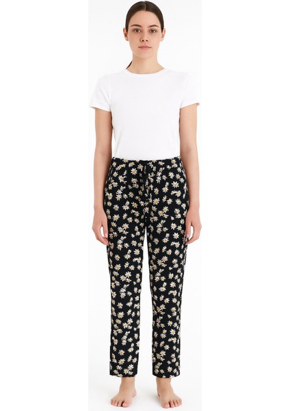 Kadın Siyah Çiçekli Yumuşak Polar Tek Alt, Cepli Ev Giyim, Pijama Alt