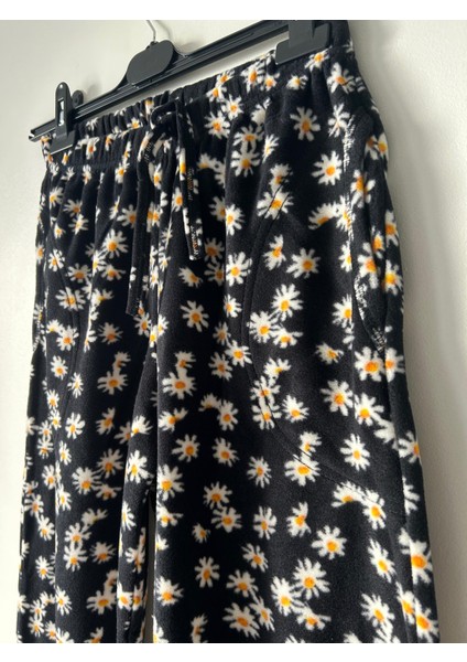 Kadın Siyah Çiçekli Yumuşak Polar Tek Alt, Cepli Ev Giyim, Pijama Alt fiyatları