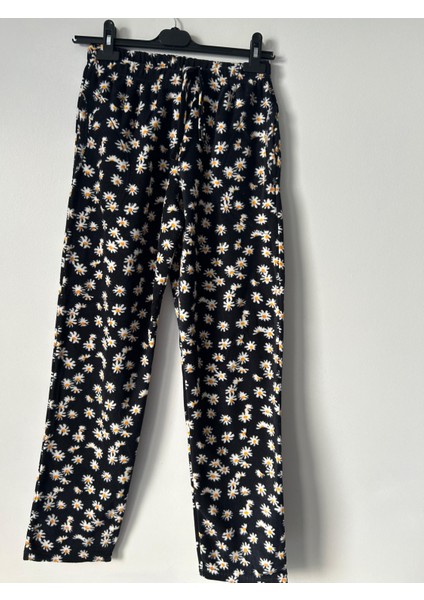 Kadın Siyah Çiçekli Yumuşak Polar Tek Alt, Cepli Ev Giyim, Pijama Alt modelleri