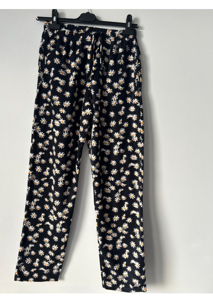 Kadın Siyah Çiçekli Yumuşak Polar Tek Alt, Cepli Ev Giyim, Pijama Alt fırsatları