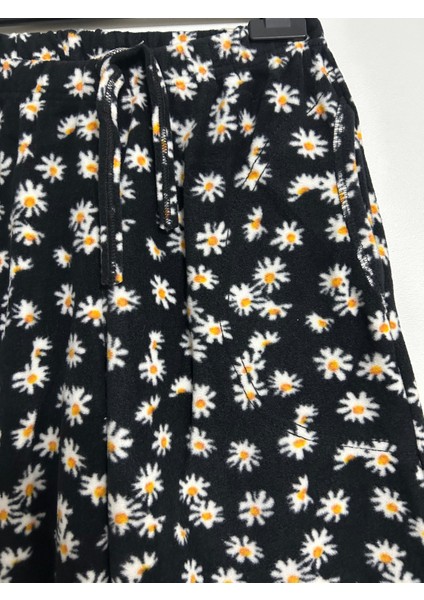 Kadın Siyah Çiçekli Yumuşak Polar Tek Alt, Cepli Ev Giyim, Pijama Alt indirimleri