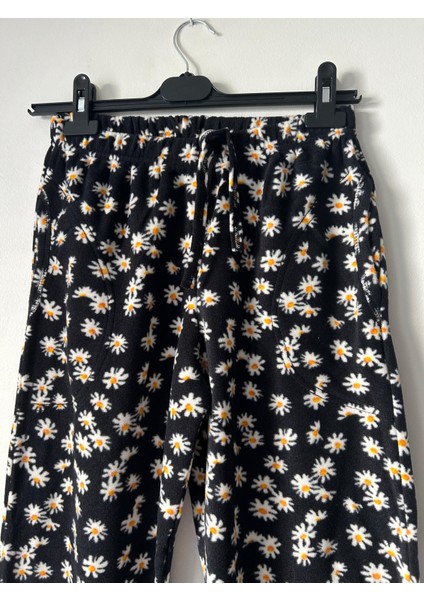 Kadın Siyah Çiçekli Yumuşak Polar Tek Alt, Cepli Ev Giyim, Pijama Alt