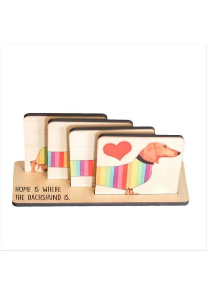 Tutucu ile 4 Dachshund Coaster Seti Dachshund Dog Wood Coaster Set Set Yemek Masa Dekoru Hayvan Temalı Barınaklar (Yurt Dışından)