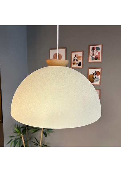 Linate Dokulu Açık Krem Tabak Ahşap Avize Tekli Sarkıt Salon Kuaför Dekoratif Aydınlatma