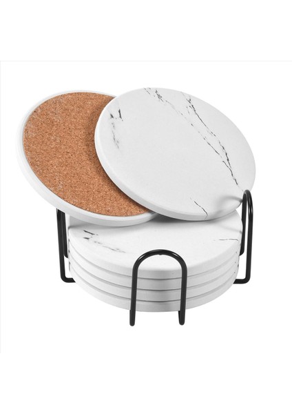 Içecek Bardak Altlıkları Metal Tutucu Standı ile Seramik Taş Coaster Seti Tabanı Mermer Yüzey Deseni 6 Beyaz (Yurt Dışından)
