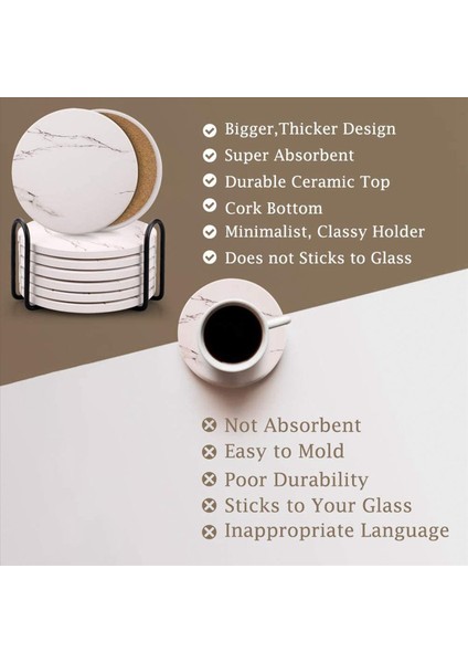 Içecek Bardak Altlıkları Metal Tutucu Standı ile Seramik Taş Coaster Seti 12 Beyaz Mermer Yüzey Deseni Seti (Yurt Dışından) modelleri
