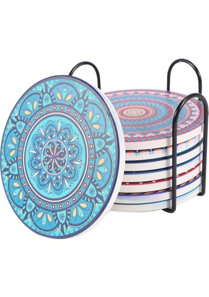 Içecek Bardak Altlıkları Ahşap Masa Için 8 Emici Taş Bardak Altlığı Mandala Seramik Bardak Altlıkları (Yurt Dışından)