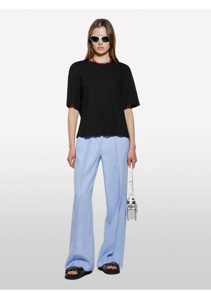 Keten Karışımlı Bisiklet Yaka T-Shirt Kadın Siyah T-Shirt - 325P3UTFL107C