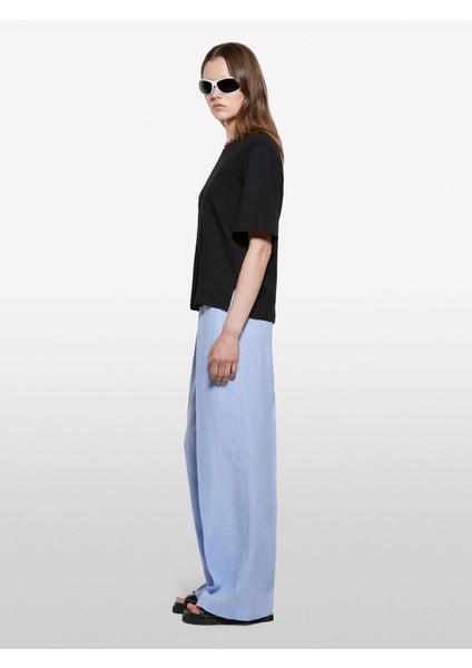 Keten Karışımlı Bisiklet Yaka T-Shirt Kadın Siyah T-Shirt - 325P3UTFL107C fiyatları