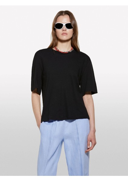 Keten Karışımlı Bisiklet Yaka T-Shirt Kadın Siyah T-Shirt - 325P3UTFL107C fırsatları